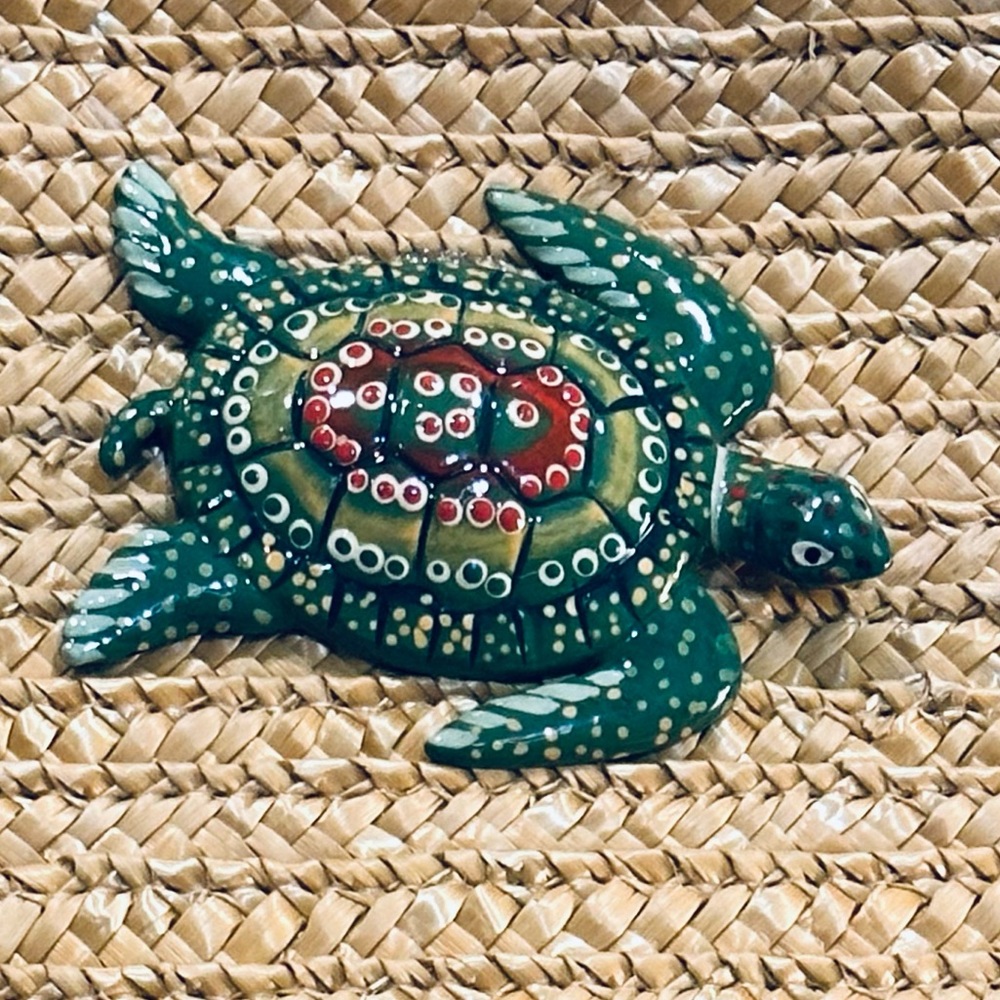 ๐4xHP๐VTG 3D Turtles Natural Straw Wooden Top Handle Tote Handmade B Lerner - Picture 12 of 13